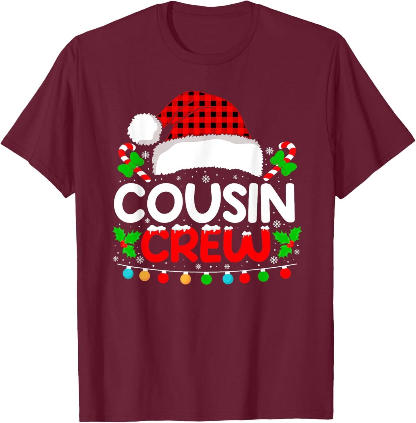 Cousin Crew Buffalo Plaid Xmas Pajamas Christmas Lights T-Shirt - T-Shirt | Maroon