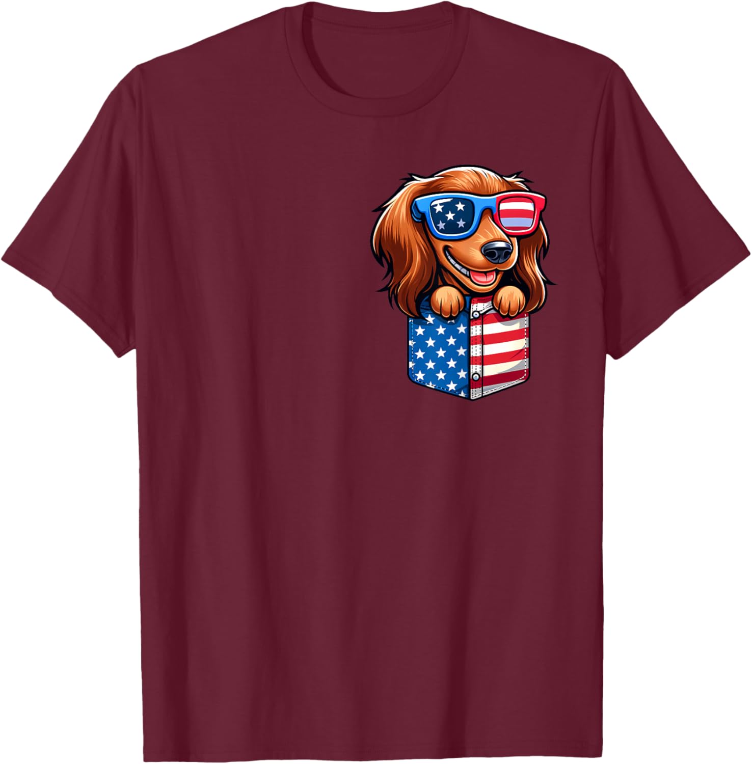 Long Hair Dachshund 4th July USA Flag In Pocket America T-Shirt - T-Shirt | Maroon