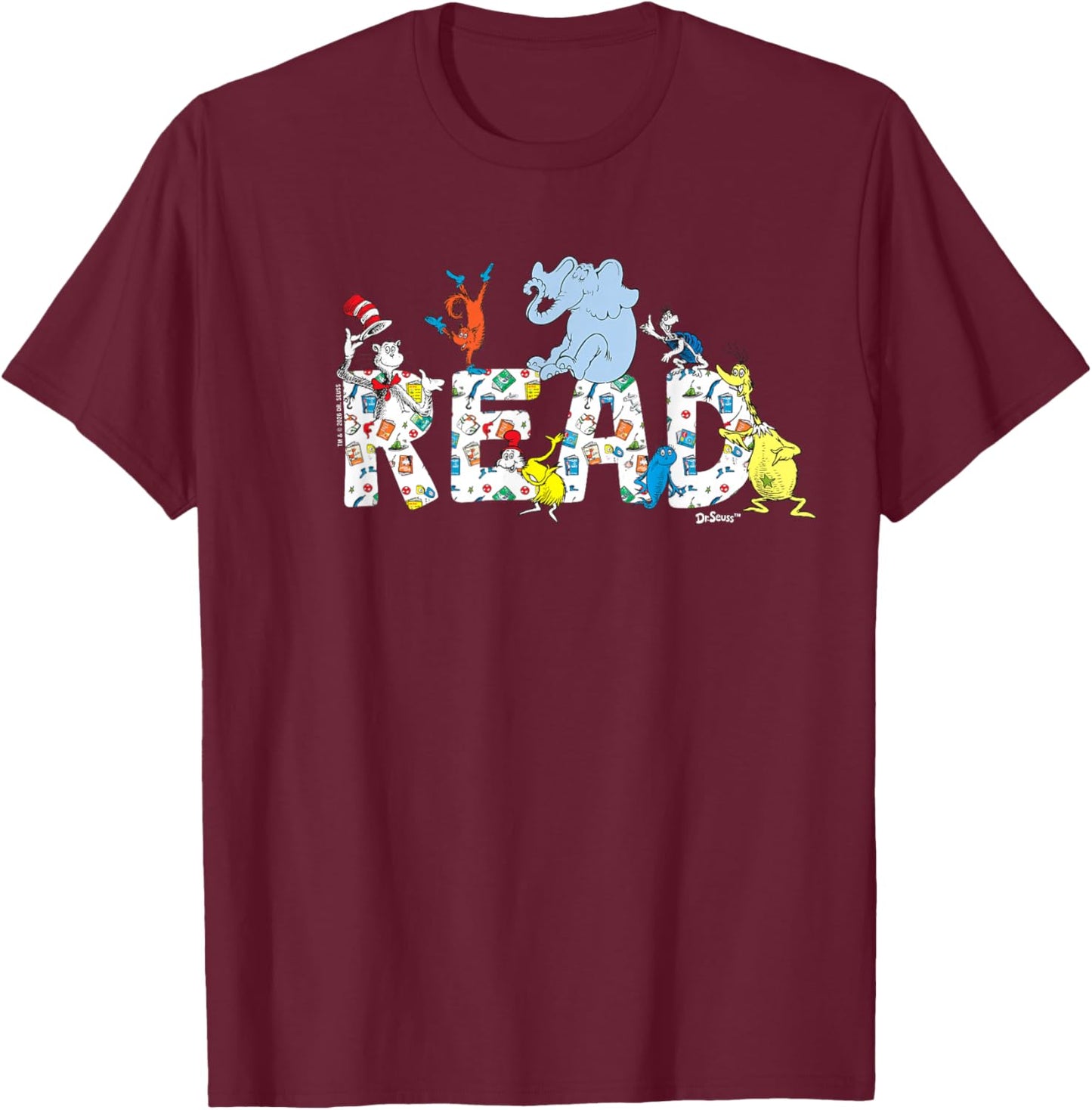 Dr. Seuss Characters Read Design Youth and Adult T-Shirt - T-Shirt | Maroon