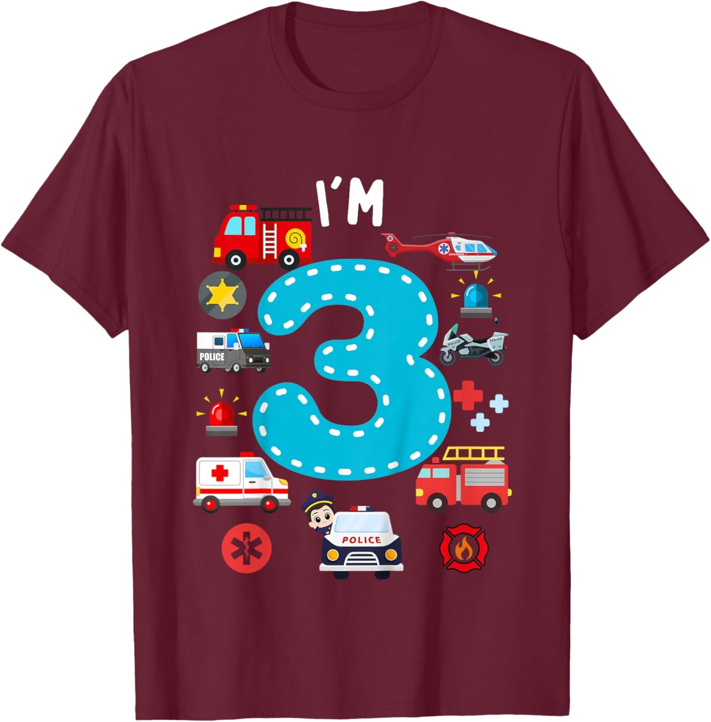 Kids 3rd Birthday Emergency Vehicles Boys 3Years Old Toddler Kids T-Shirt - T-Shirt | Maroon