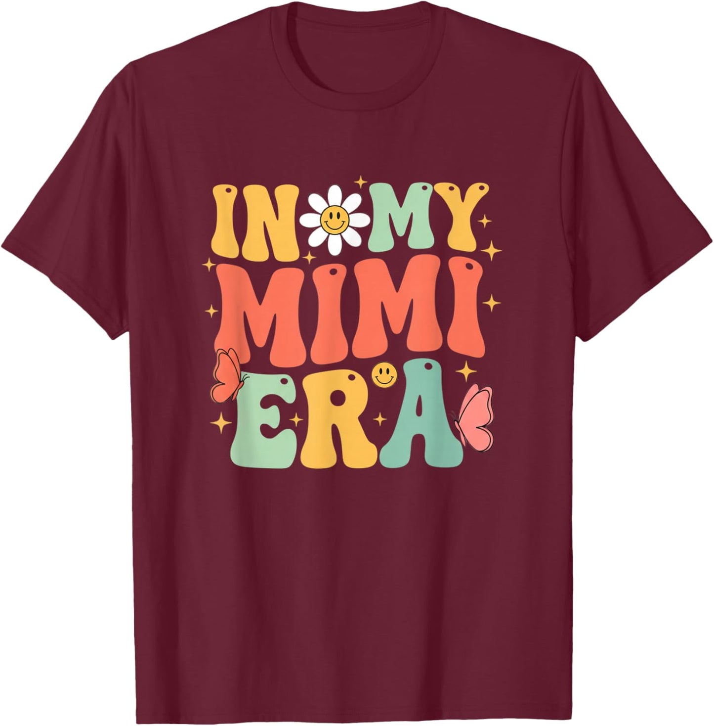 Grandparent in My Mimi Era Retro Daisy Butterfly Design T-Shirt - T-Shirt | Maroon