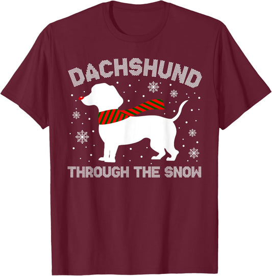 Dachshund Through The Snow Funny Christmas Pajamas Dog Lover Men Women T-Shirt - T-Shirt | Maroon