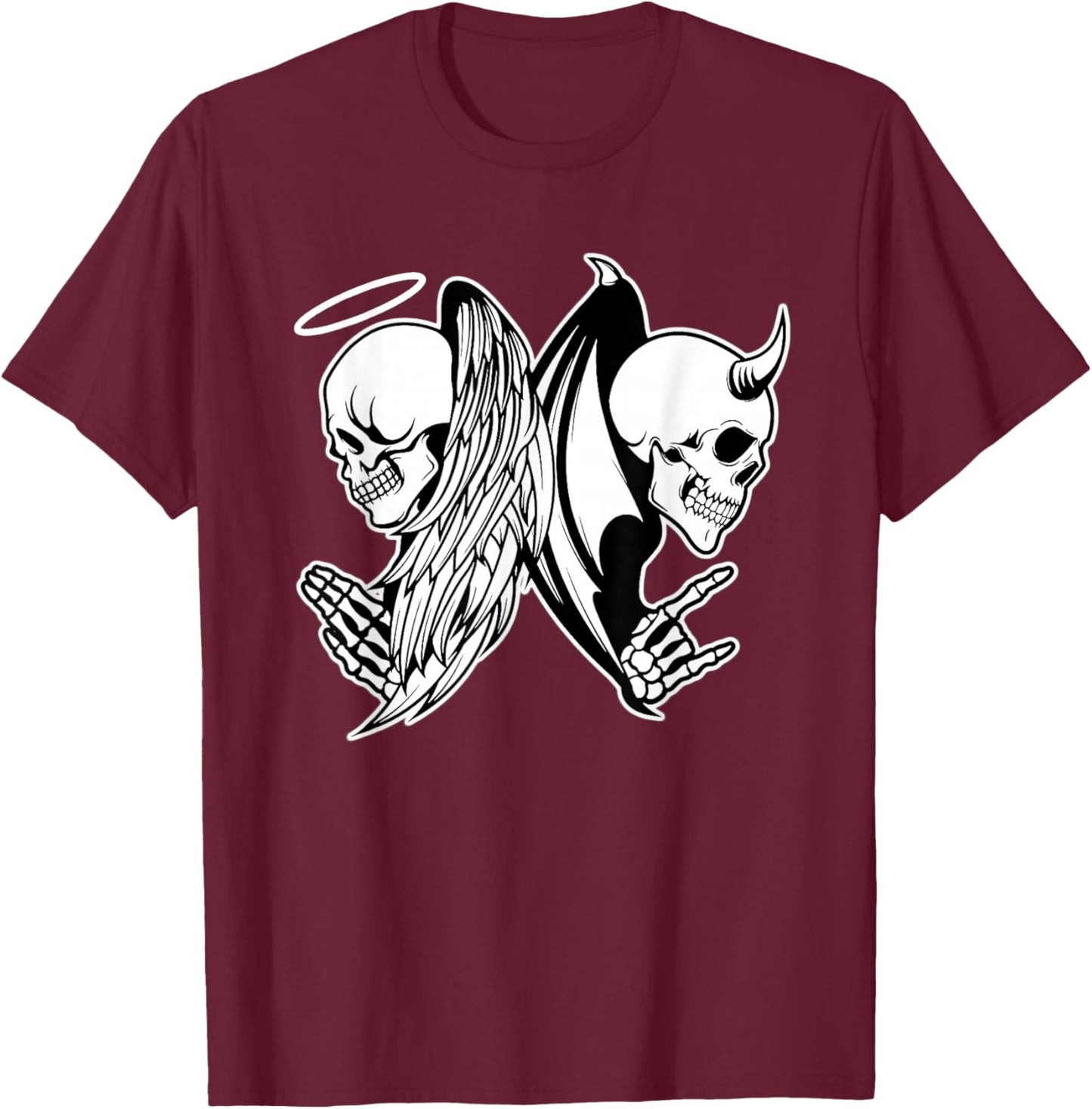 Angel x Skull x Devil Demon Blackwork T-Shirt - T-Shirt | Maroon