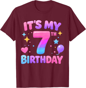 7th Birthday Girls Apparel Seven Years Old It's My 7 Bday T-Shirt - T-Shirt | Maroon