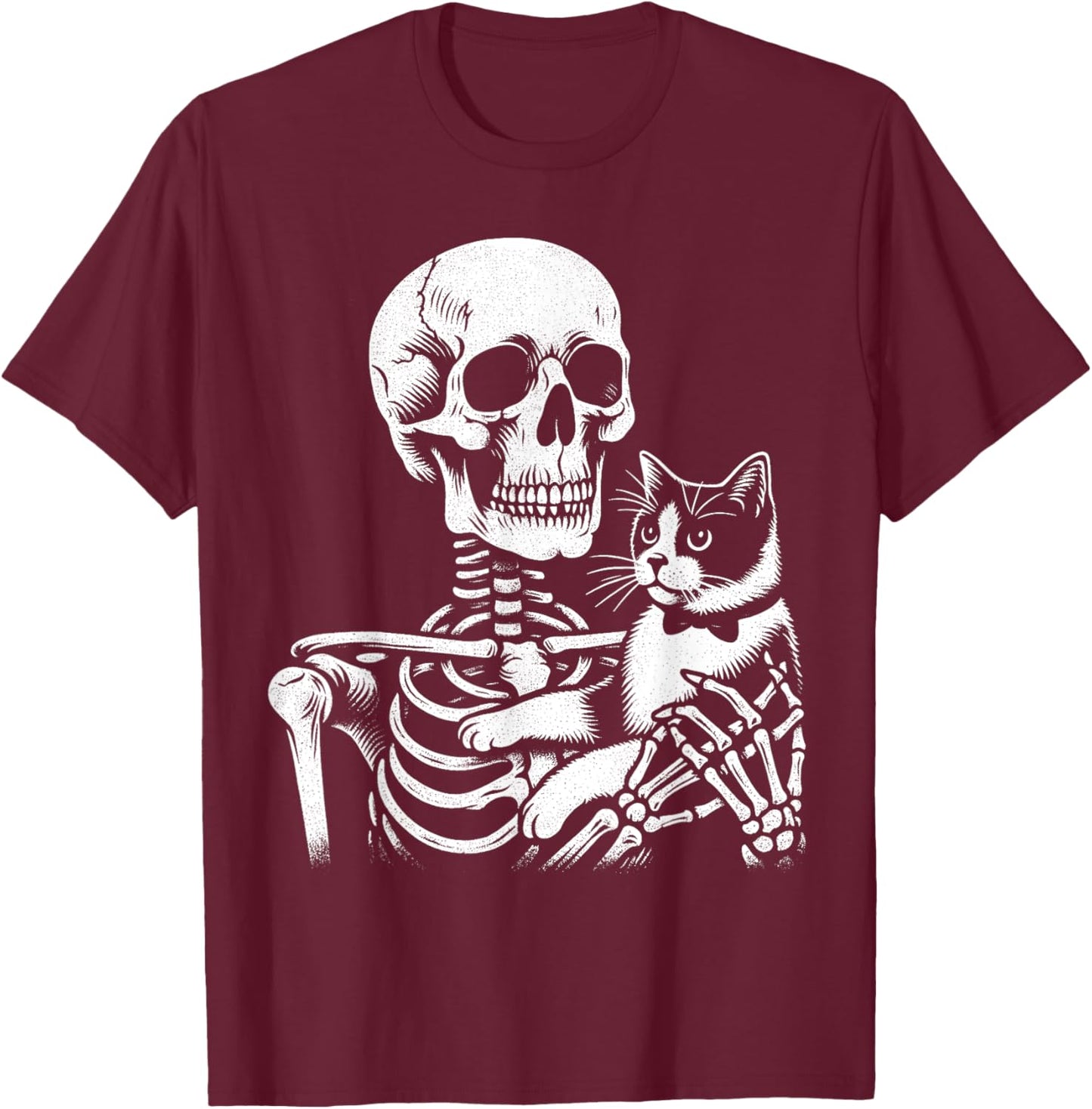 Skeleton Holding A Tuxedo Cat Lazy Halloween Costume Skull Women Kids T-Shirt - T-Shirt | Maroon