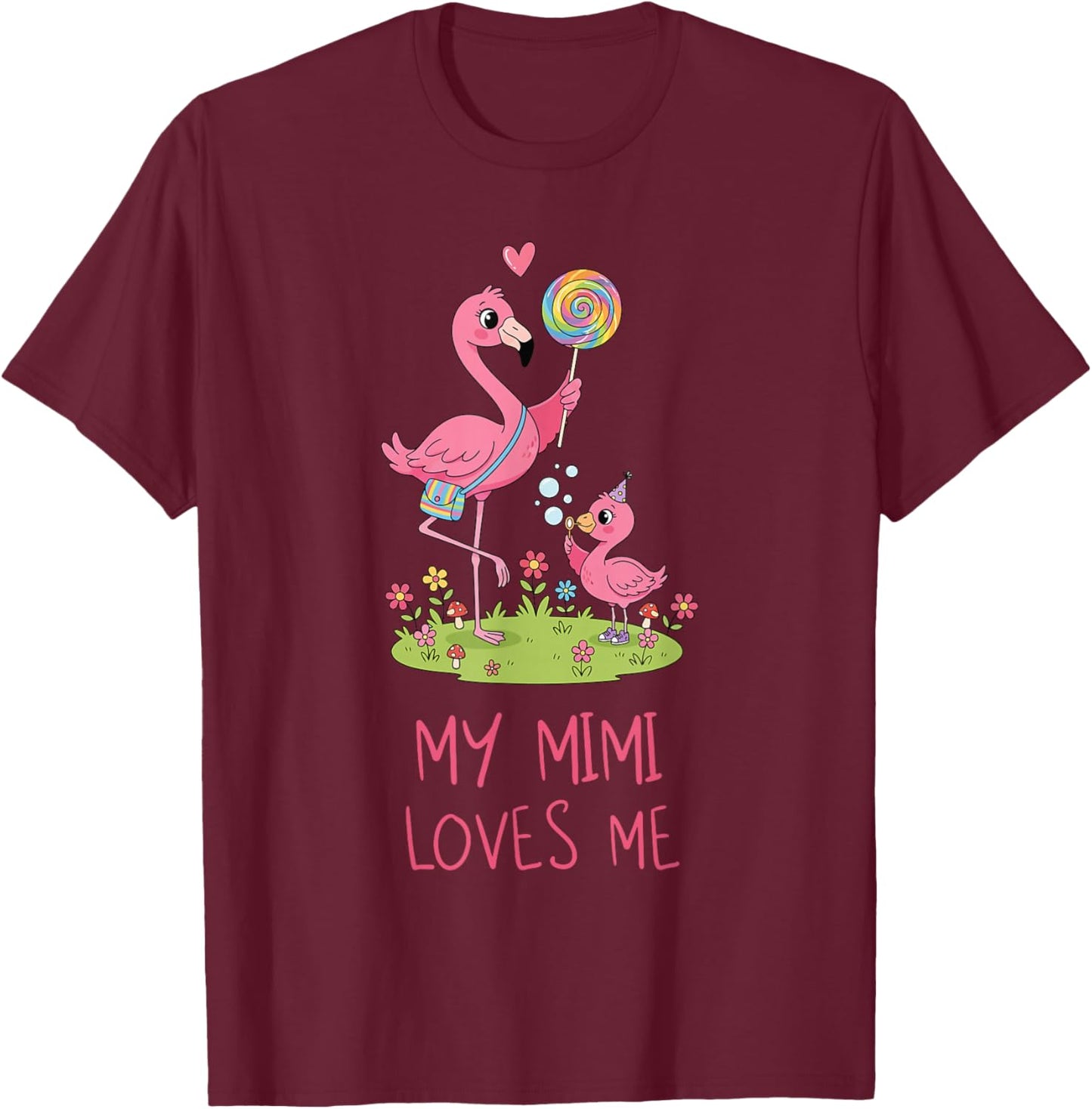 Cute Baby & Grandma Flamingo My Mimi Loves Me T-Shirt - T-Shirt | Maroon