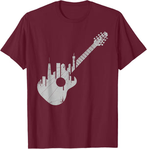 Grunge Guitar with City Skyline Band Guitar Musician T-Shirt - T-Shirt | Maroon