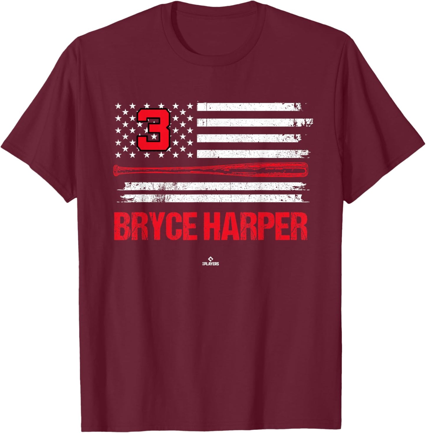 USA Flag Bat Bryce Harper Philadelphia Baseball MLBPA T-Shirt - T-Shirt | Maroon