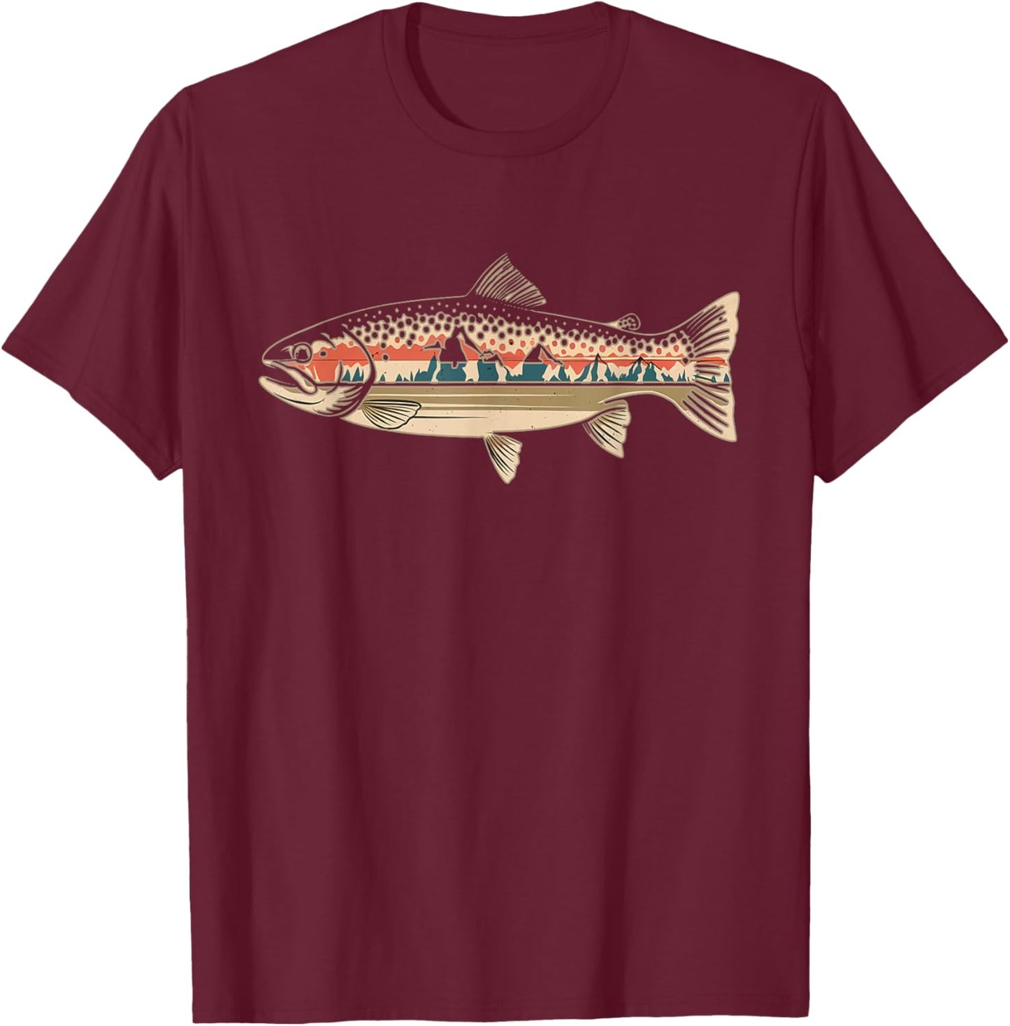 Retro Fish Trout Peach Nature , Black, S T-Shirt - T-Shirt | Maroon