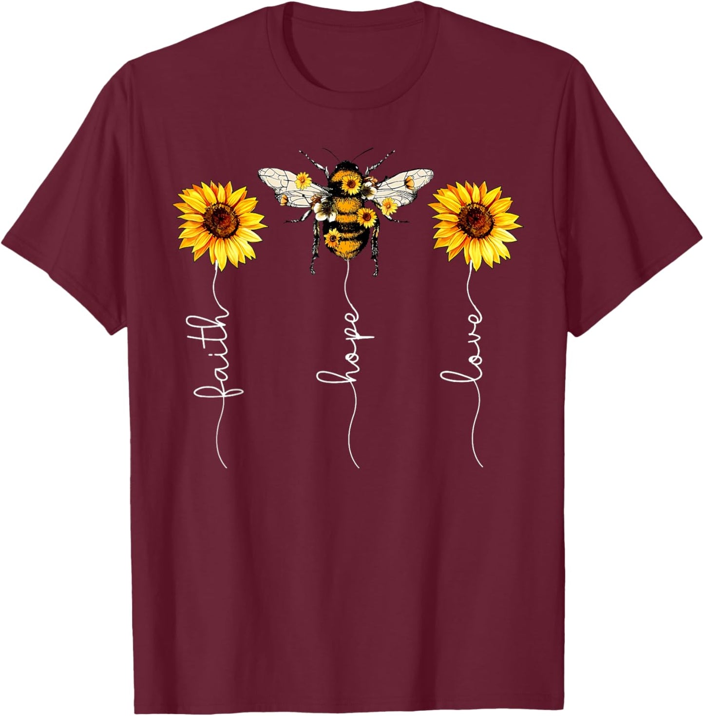 Faith Hope Love Sunflower Bee Jesus Christian Bible Verse T-Shirt - T-Shirt | Maroon