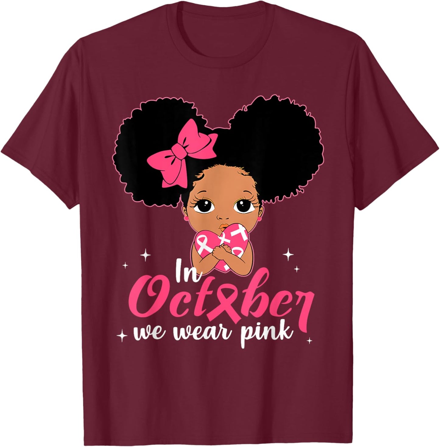 Messy Bun In October We Wear Pink Girls Toddlers Kids T-Shirt - T-Shirt | Maroon