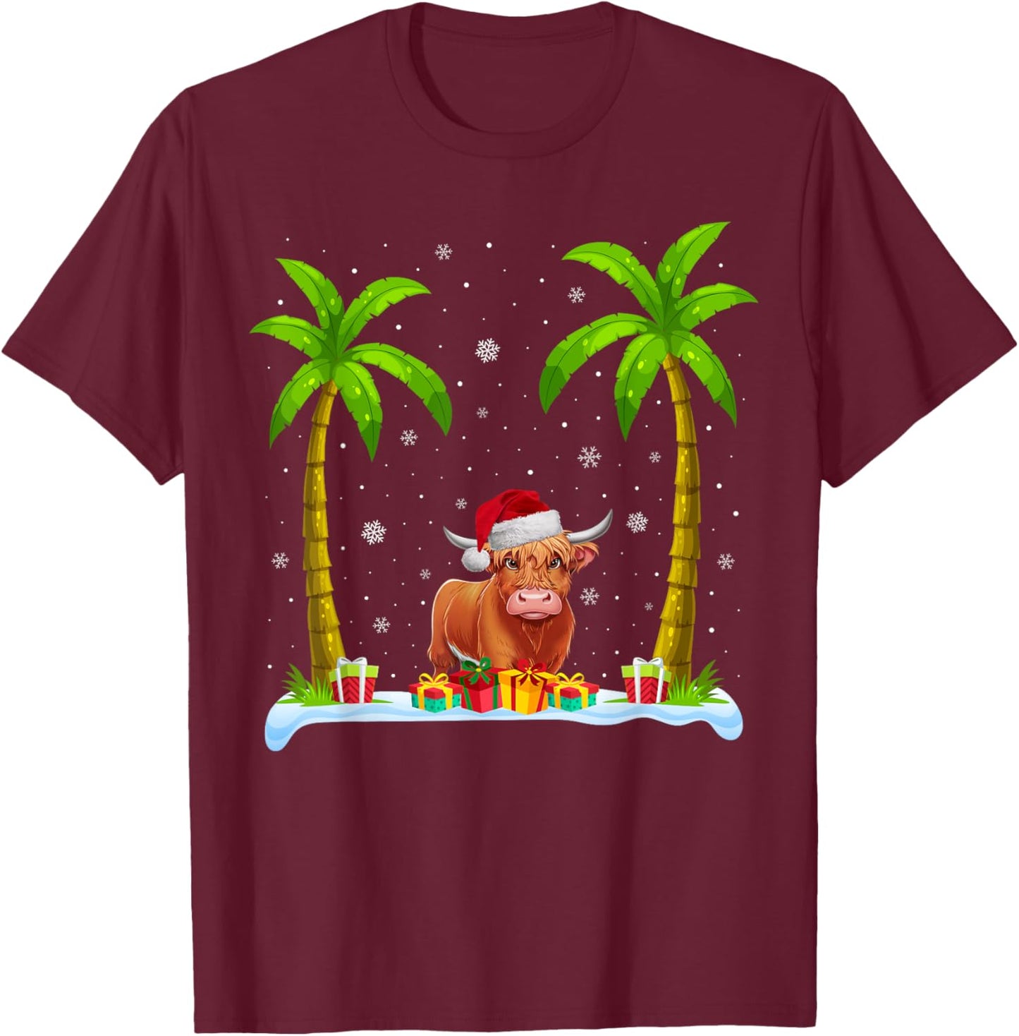 Highland Cow Santa Hat Palm Tree Beach Xmas Pajama T-Shirt - T-Shirt | Maroon