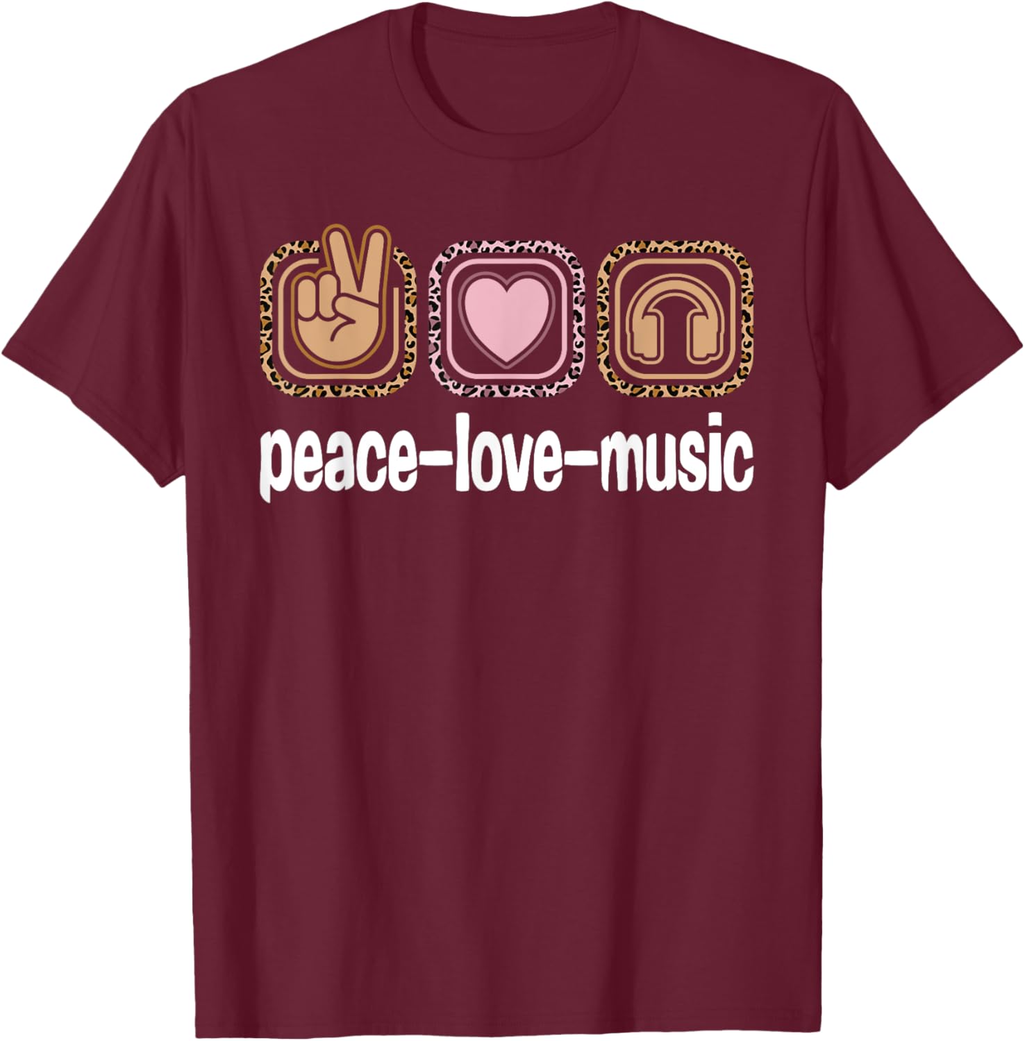 Music Lovers Leopard Print Women Girls Kids Peace Love Music T-Shirt - T-Shirt | Maroon