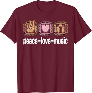 Music Lovers Leopard Print Women Girls Kids Peace Love Music T-Shirt - T-Shirt | Maroon