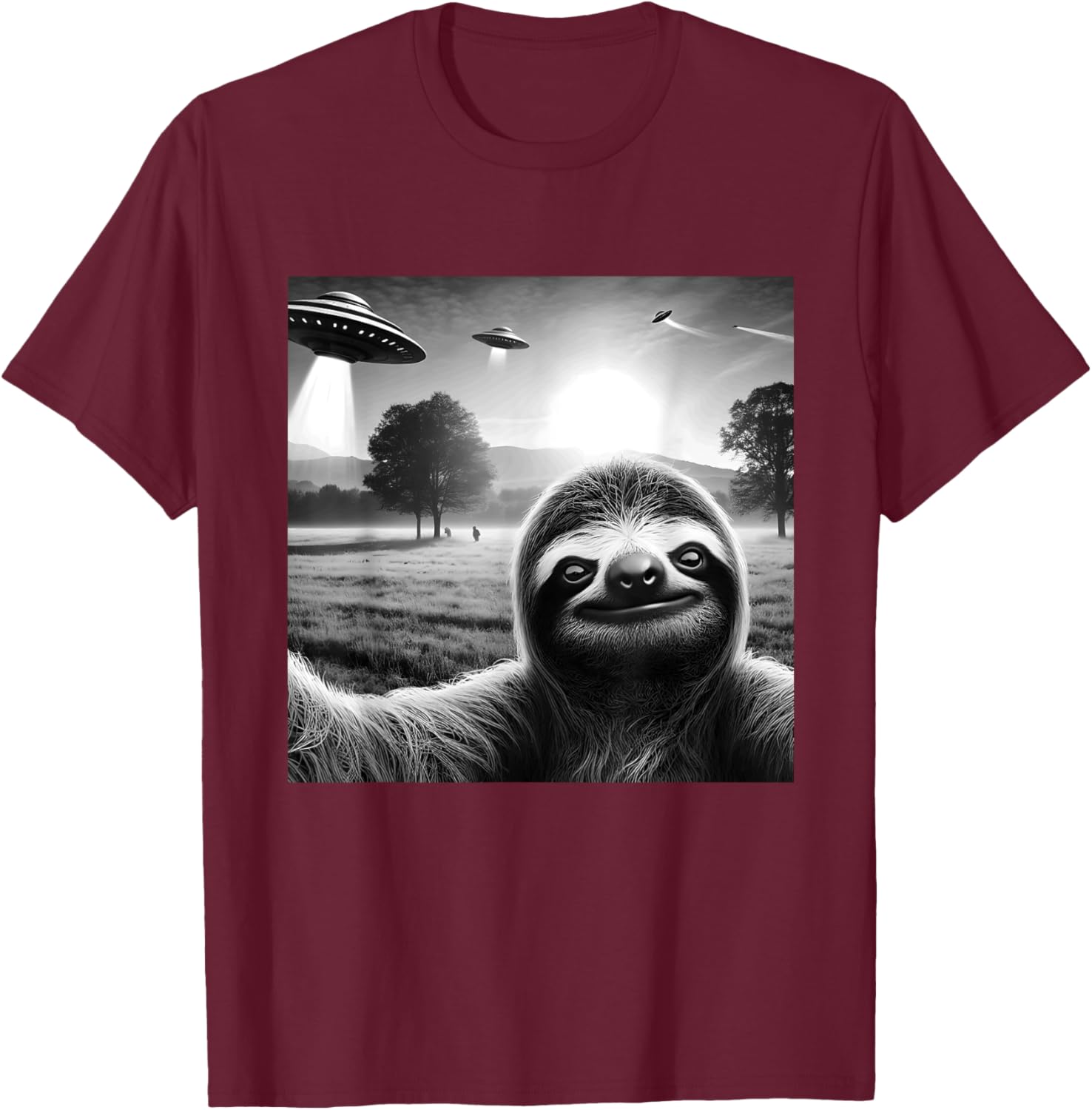 Sloth Funny Graphic Selfie with UFOs Weird Aliens T-Shirt - T-Shirt | Maroon