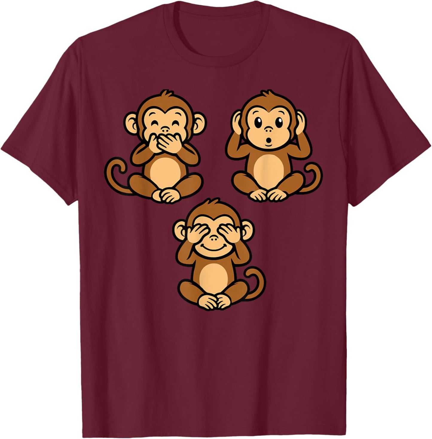Three Wise Monkeys | Cute Chibi - Speak Hear See No Evil T-Shirt - T-Shirt | Maroon