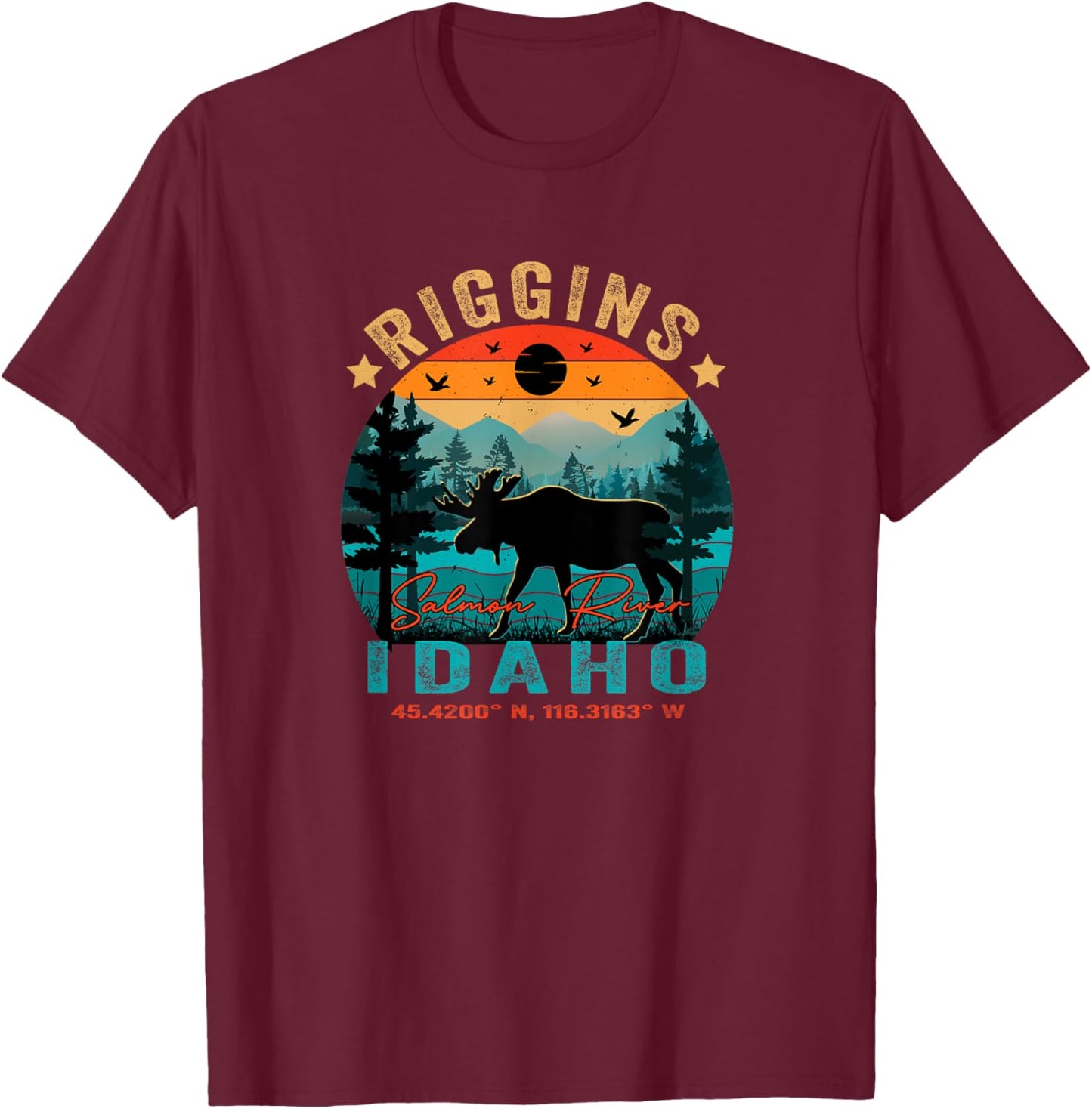 Riggins Idaho ID Retro Sunset Vintage Moose Mountains T-Shirt - T-Shirt | Maroon