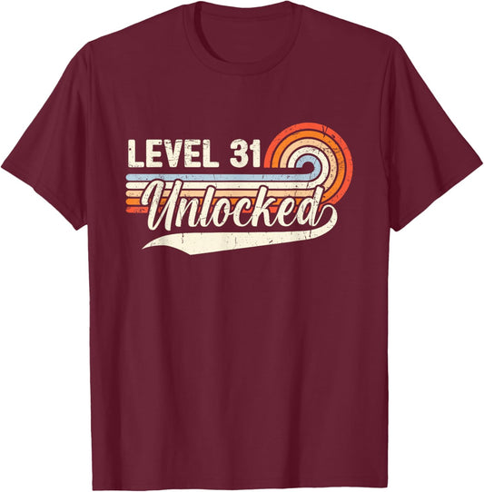 Level 31 Unlocked - Retro Vintage Funny 31st Birthday Gamer T-Shirt - T-Shirt | Maroon