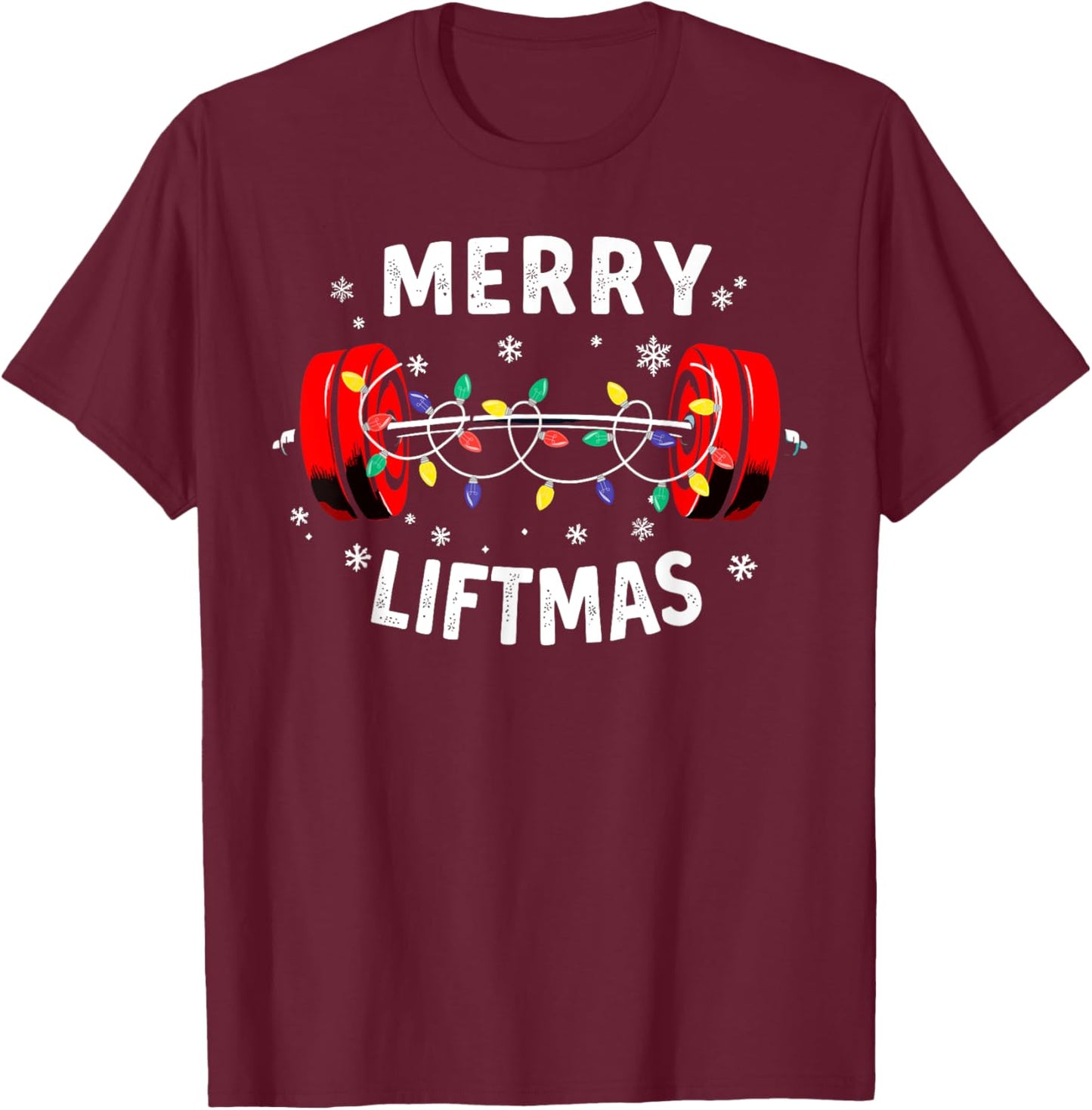 Merry Liftmas Barbell Christmas Tree Lights Weightlifting T-Shirt - T-Shirt | Maroon