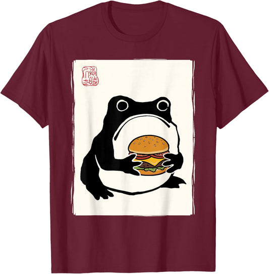 Japanese Grumpy Frog Kawaii Simu-e Funny Cheeseburger T-Shirt - T-Shirt | Maroon