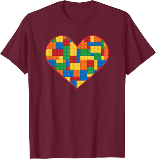 Block Building Heart Love Brick Building Builder T-Shirt - T-Shirt | Maroon