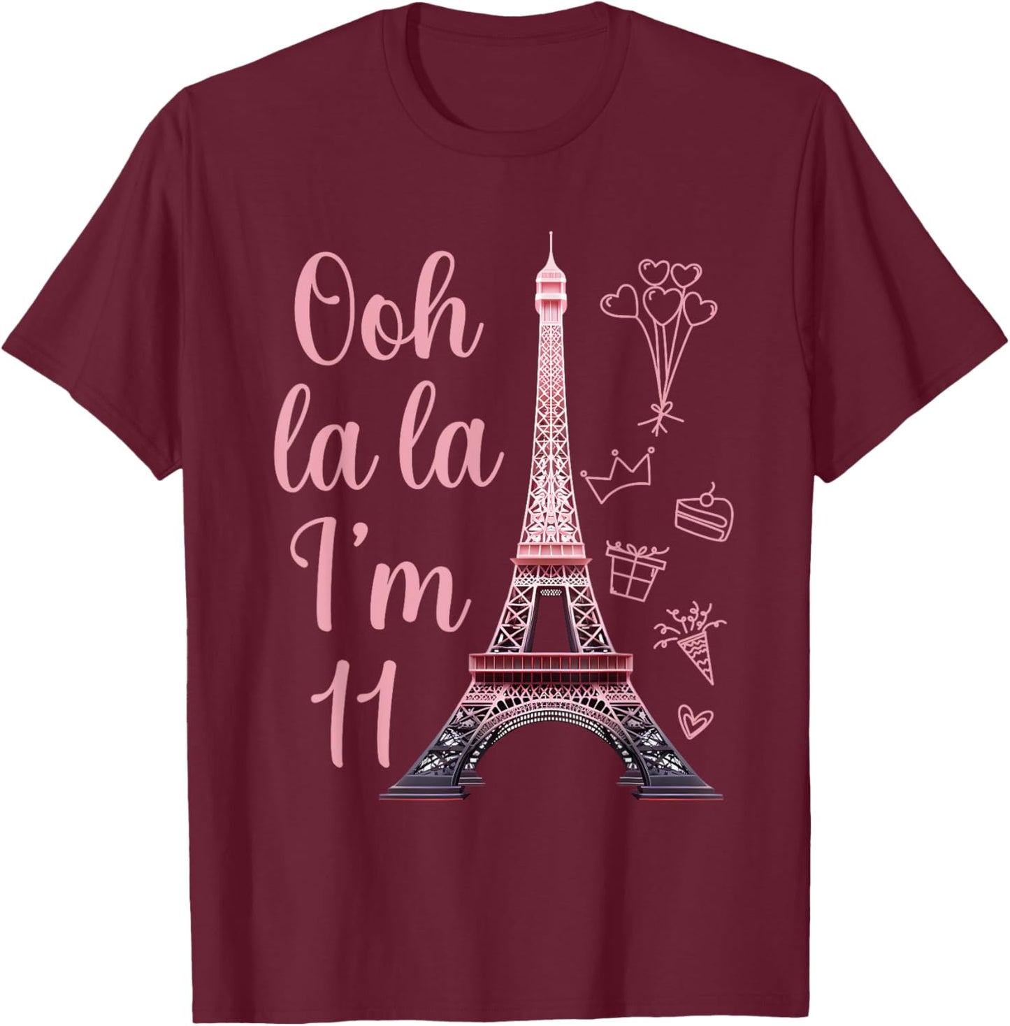 Paris 11th Birthday Eiffel Tower 11 Years Old Cute Girl T-Shirt - T-Shirt | Maroon