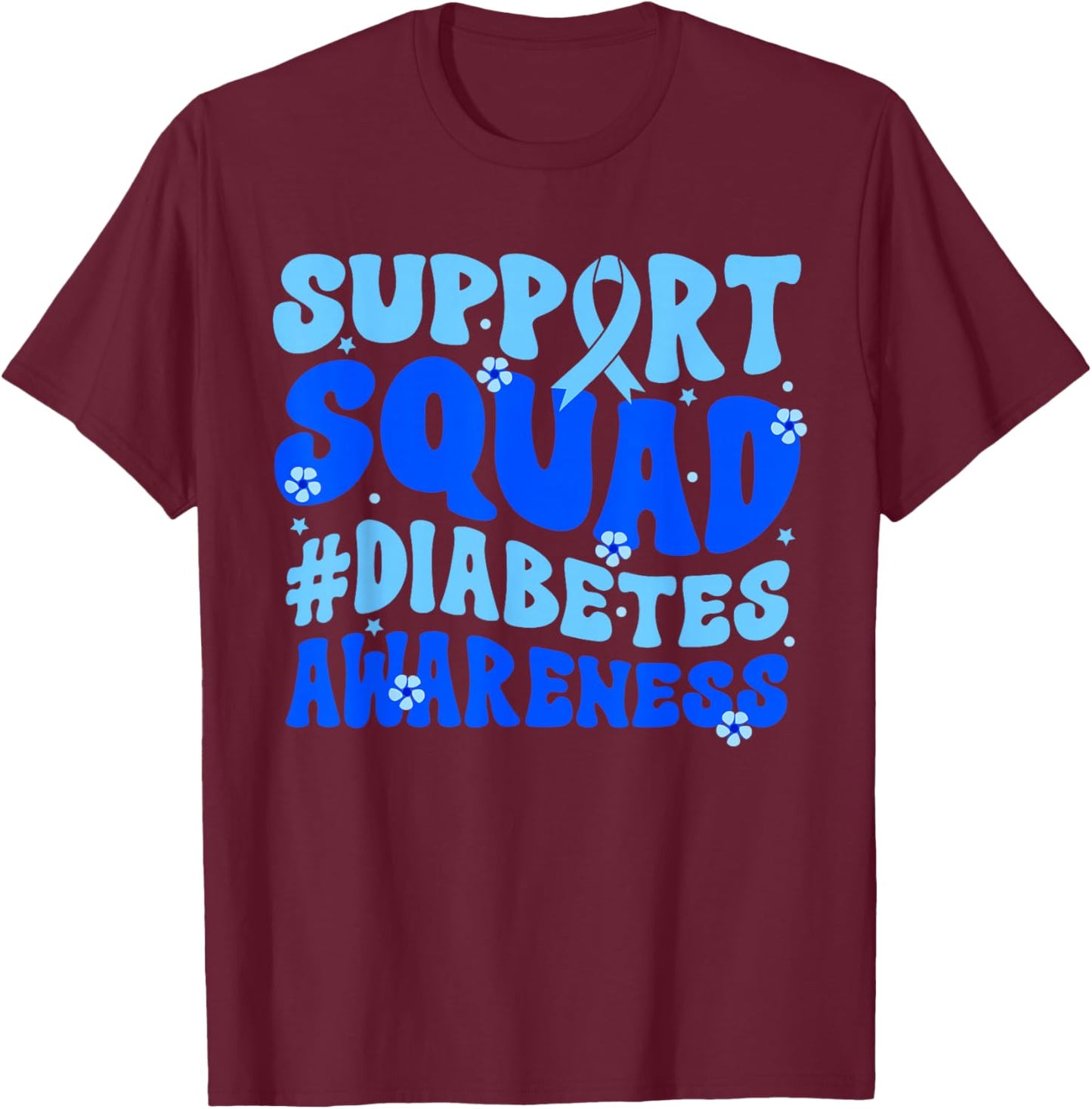 Groovy Support Squad Blue Ribbon Diabetes Awareness Month T-Shirt - T-Shirt | Maroon