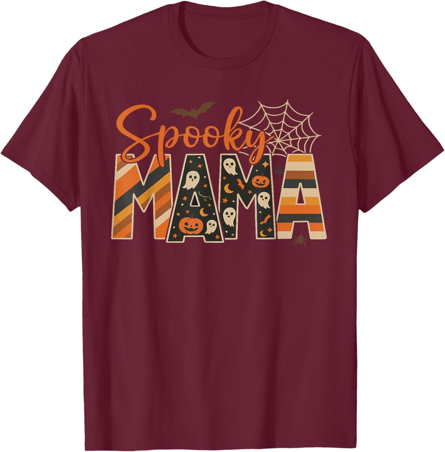 Spooky Mama Funny Mom Halloween Ghost Witch Bat T-Shirt - T-Shirt | Maroon