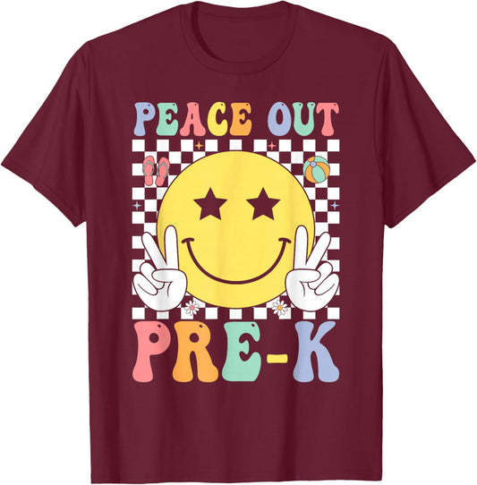Peace Out Pre-K Graduation Retro Smile Face Last Day School T-Shirt - T-Shirt | Maroon
