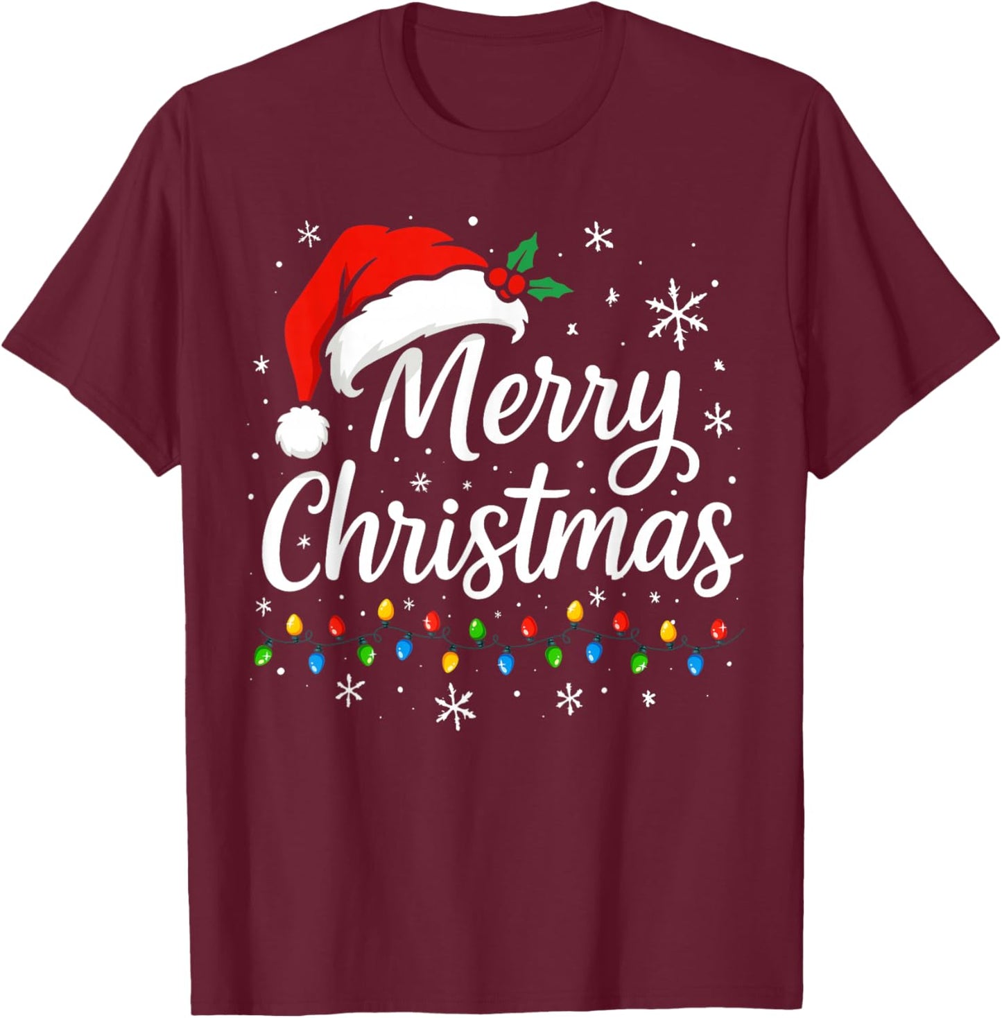 Merry Christmas Lights Red Santa Hat Xmas Family Matching T-Shirt - T-Shirt | Maroon