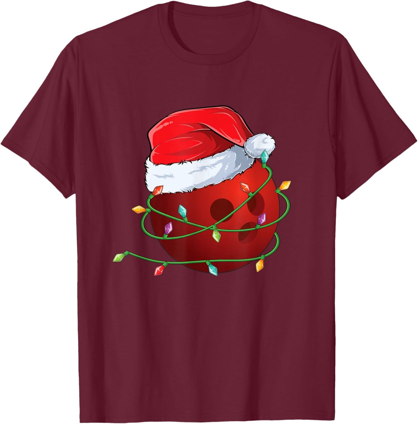 Christmas Bowling ball Santa Hat wrapped in Holiday Lights T-Shirt - T-Shirt | Maroon