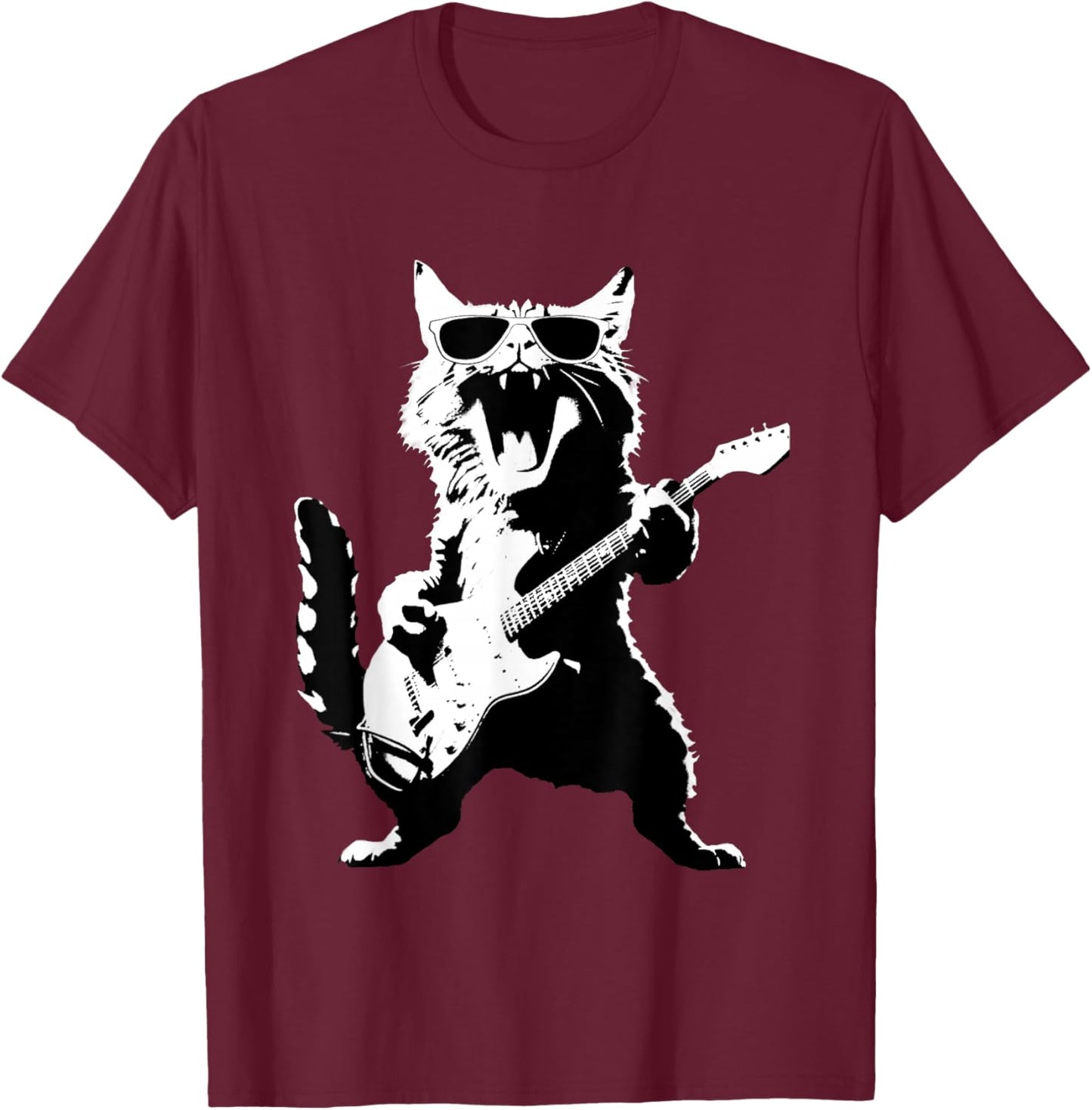 Black Cat Playing Guitar T-Shirt - T-Shirt | Maroon