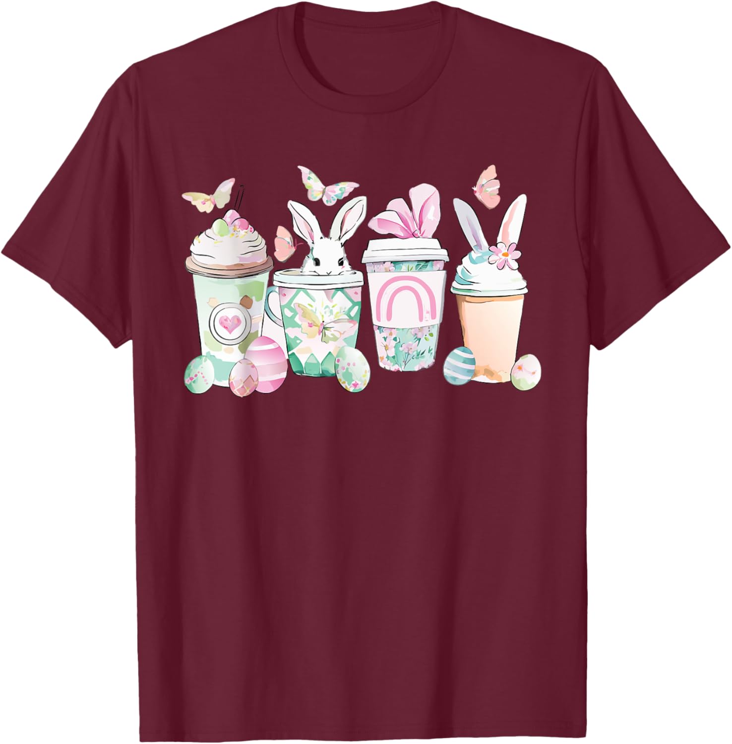 Easter Eggs Coffee Bunny Cups Latte Iced Cream Women Girls T-Shirt - T-Shirt | Maroon