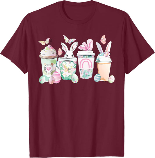 Easter Eggs Coffee Bunny Cups Latte Iced Cream Women Girls T-Shirt - T-Shirt | Maroon