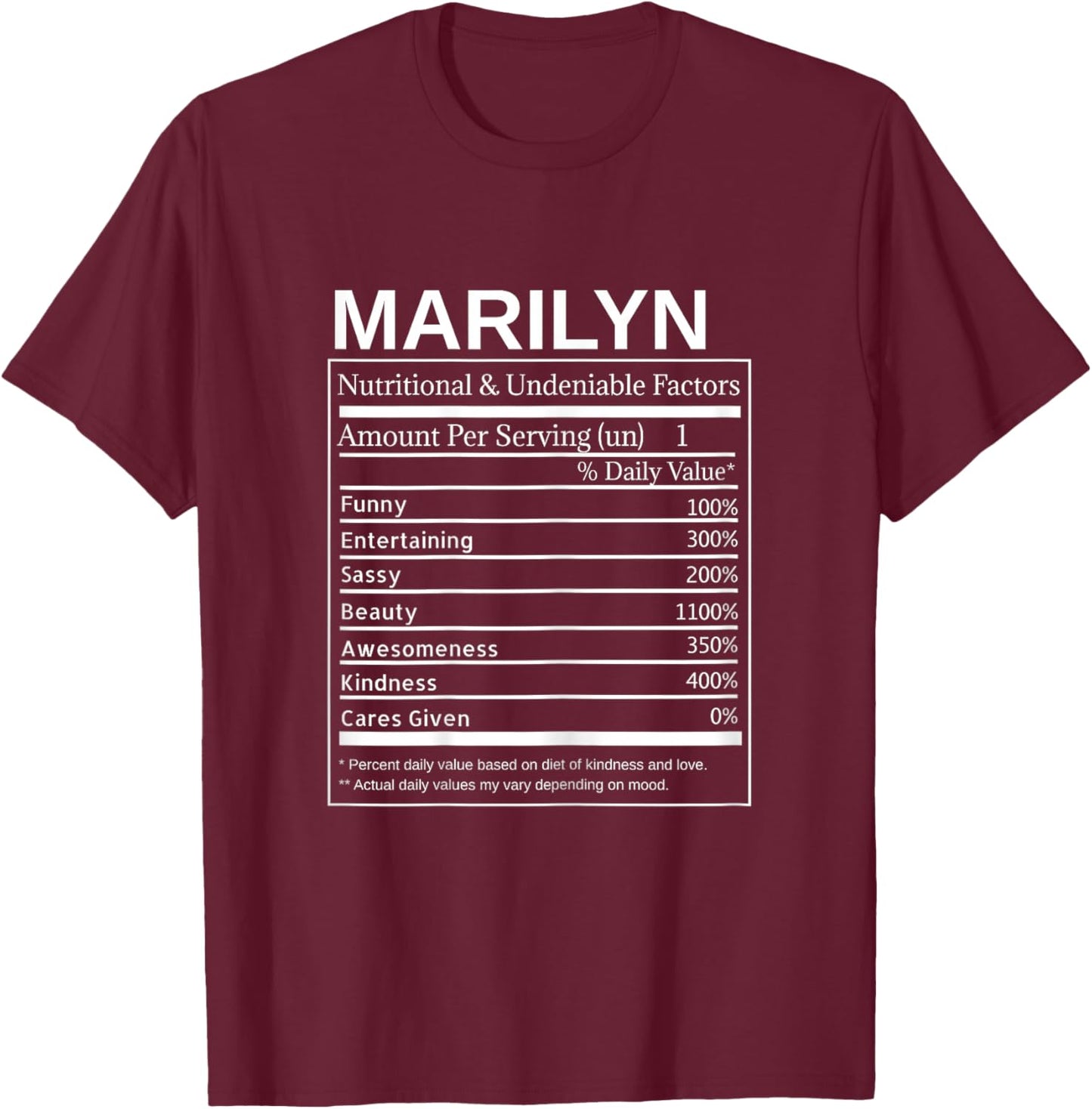 Marilyn Nutrition Facts Funny Sarcastic Personalized Name T-Shirt - T-Shirt | Maroon