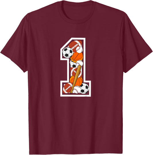Kids 1st Birthday Sports Birthday Party 1 Year Old Boy T-Shirt - T-Shirt | Maroon