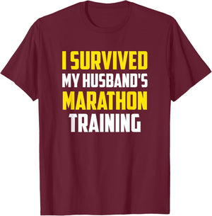 Runner Spouse Apparel - I Survived My Husband's Marathon Training - Women's Black Casual Straight Short Sleeve - Small T-Shirt - T-Shirt | Maroon