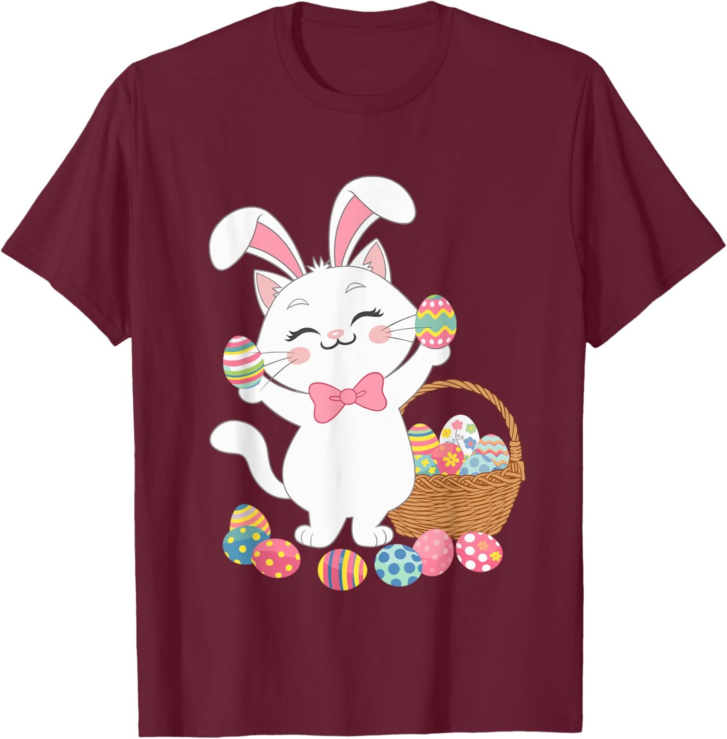 Cute Cat Bunny Ears Eggs Easter Day Cat Lover Women Kids T-Shirt - T-Shirt | Maroon