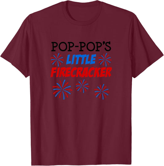Pop-Pop's Little Firecracker Cute Cartoon Grandchild T-Shirt - T-Shirt | Maroon
