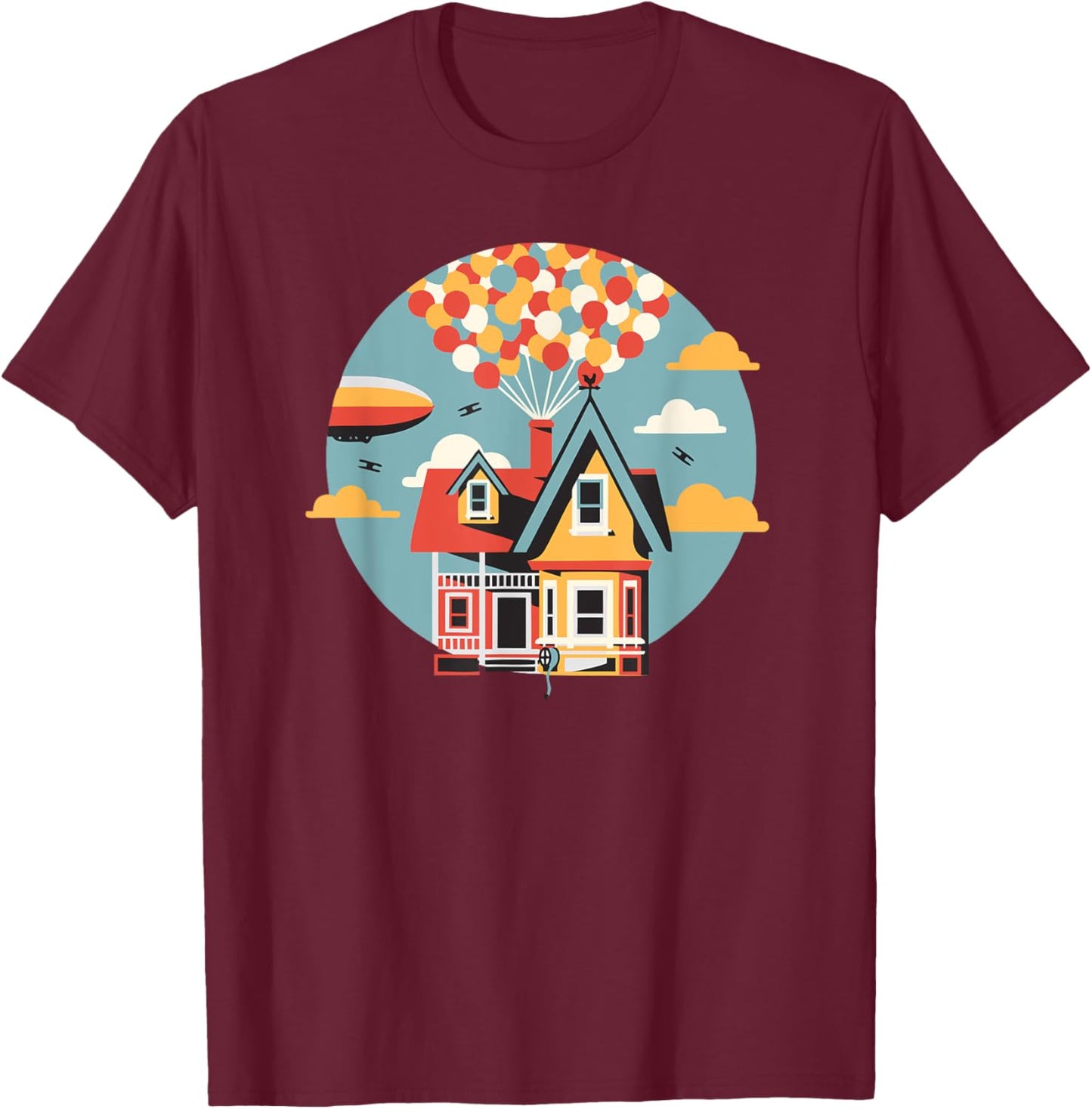 House Going Up, Balloons, Adventure is Out There, Retro T-Shirt - T-Shirt | Maroon