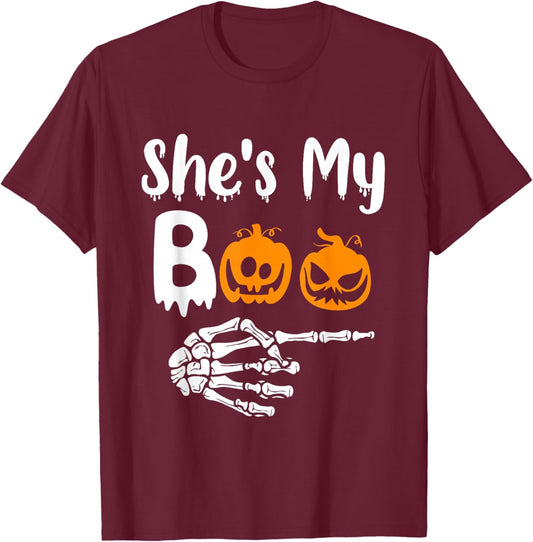 She's My Boo Matching Halloween Pajama Couples He's My Boo T-Shirt - T-Shirt | Maroon