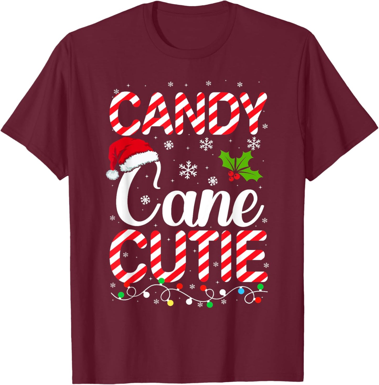 Candy Cane Cutie Cute Funny Christmas Xmas Candy Lover - -Adults, Kids - Black - Short Sleeve - - Holiday T-Shirt - T-Shirt | Maroon
