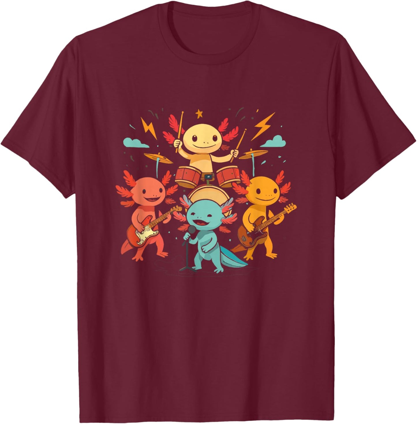 Cute Axolotl Rock Band Playing Drums Guitar Singing Graphic T-Shirt - T-Shirt | Maroon