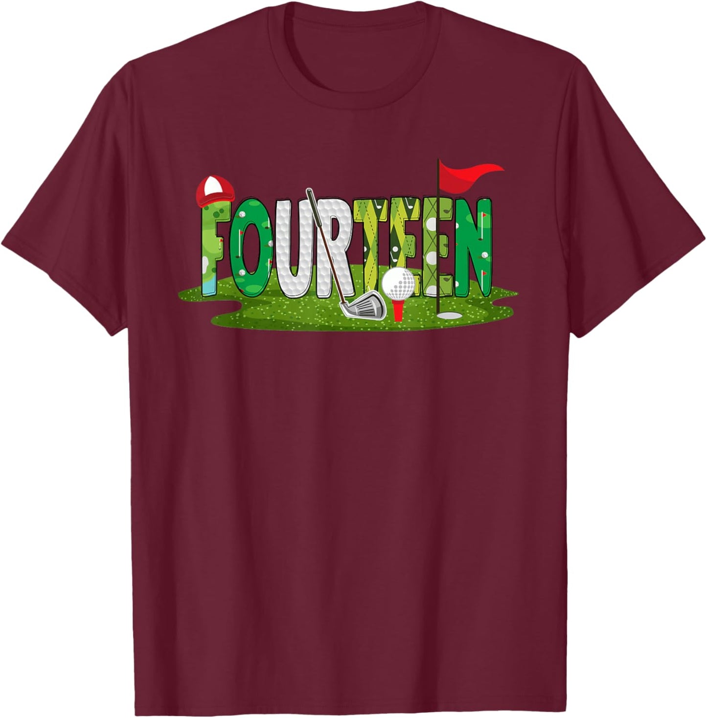 14th Birthday Golf Theme 14 Year Old Kids Sport Party T-Shirt - T-Shirt | Maroon