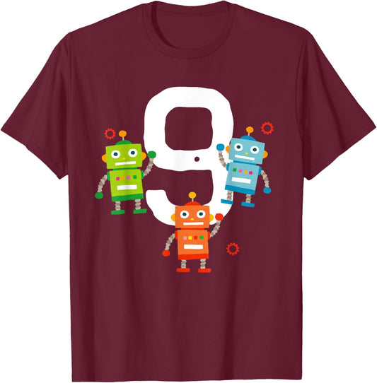 9 Year Old Robot Birthday Boy Party Funny Robotics T-Shirt - T-Shirt | Maroon