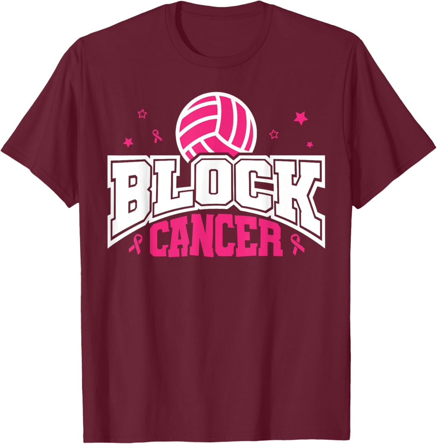 Pink Ribbon Block Cancer Volleyball Breast Cancer Awareness T-Shirt - T-Shirt | Maroon