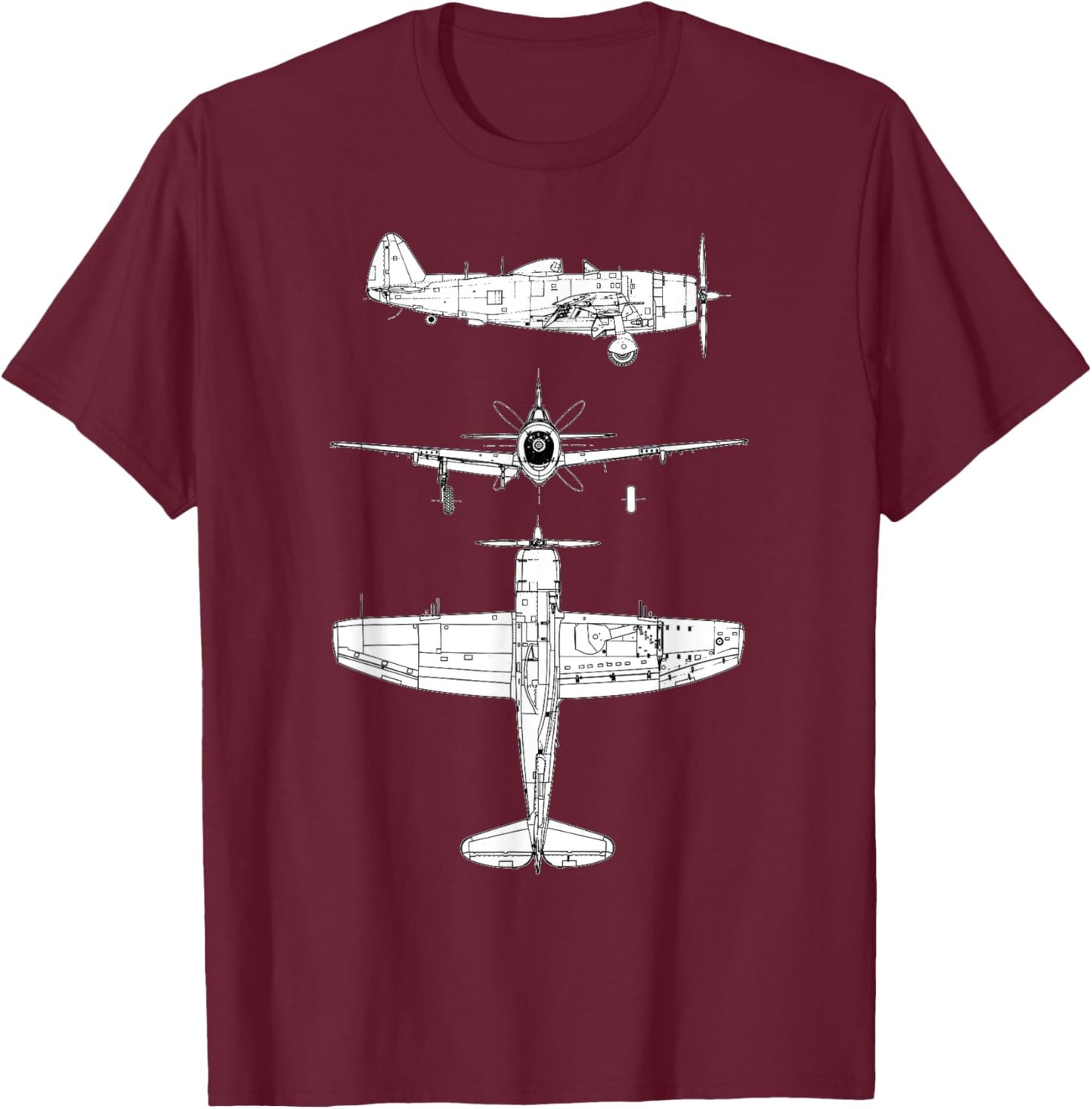 P47 Thunderbolt WW2 Fighter Airplane Blueprint T-Shirt - T-Shirt | Maroon