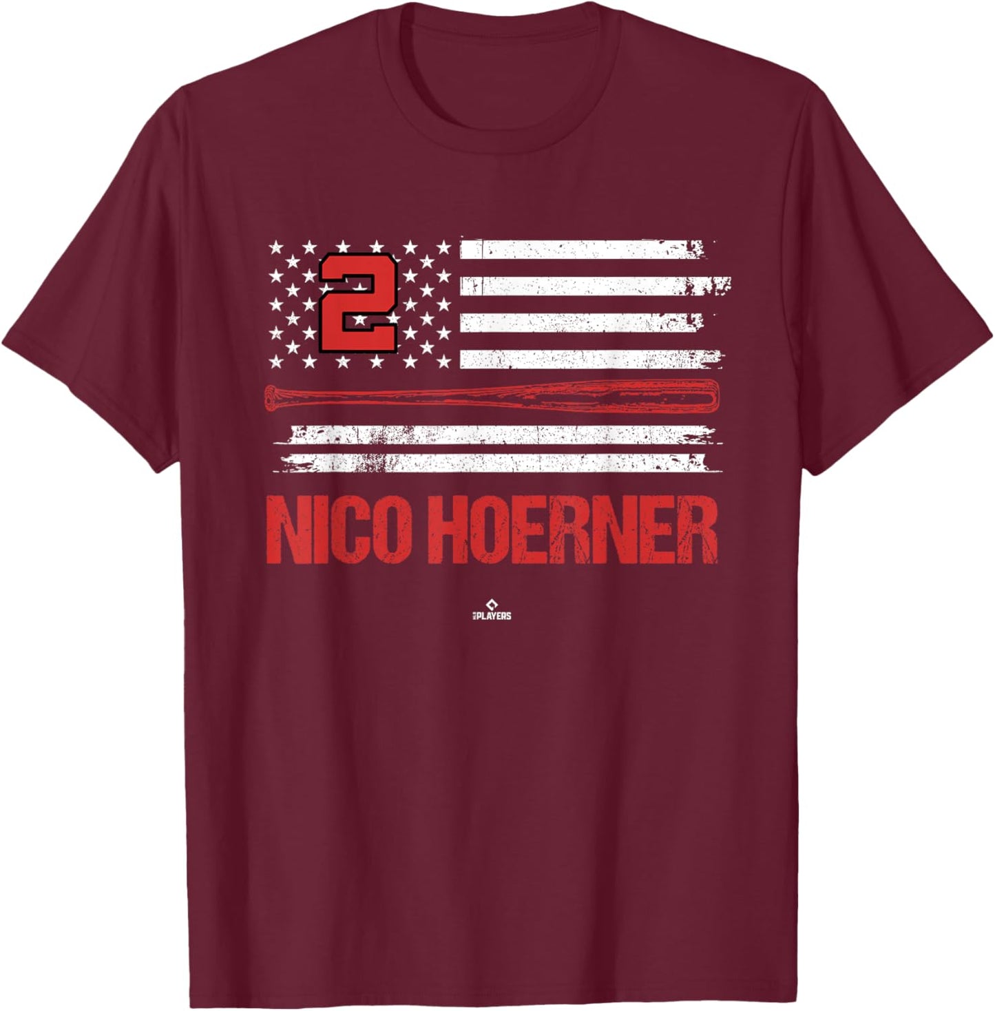 USA Flag Bat Nico Hoerner Chicago Baseball MLBPA T-Shirt - T-Shirt | Maroon