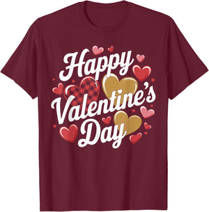 Happy Valentines Day Leopard Plaid Hearts Love Boys Girls T-Shirt - T-Shirt | Maroon