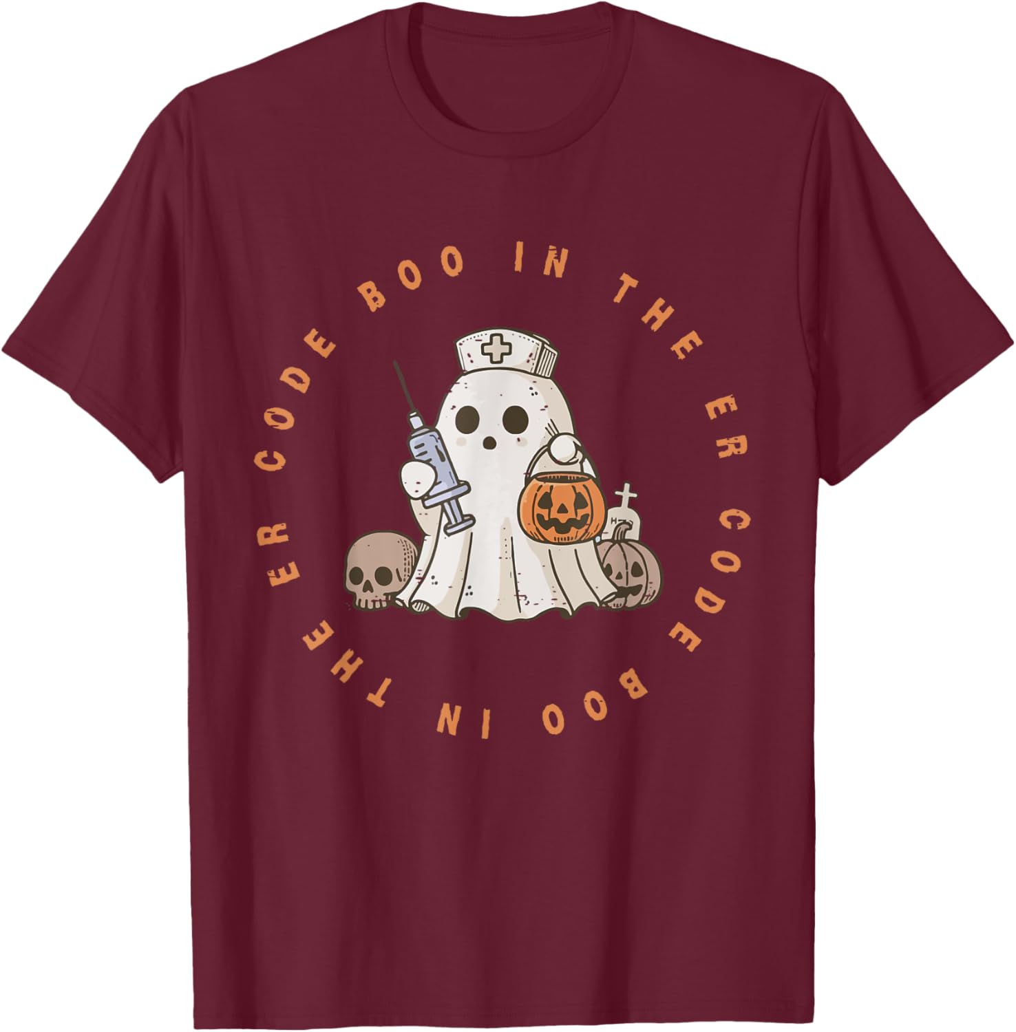 Code Boo In The ER Nurse Halloween Cute Ghost Spooky Season T-Shirt - T-Shirt | Maroon